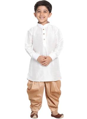 Boys White And Rose Gold Silk Blend Kurta And Dhoti Set 1