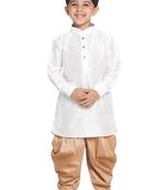 Boys White And Rose Gold Silk Blend Kurta And Dhoti Set