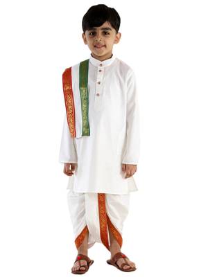Boys Cream Cotton Blend Kurta Dhoti And Dupatta 1