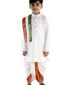 Boys Cream Cotton Blend Kurta Dhoti And Dupatta