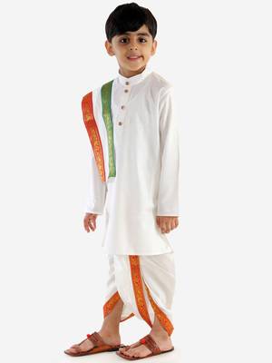 Boys Cream Cotton Blend Kurta Dhoti And Dupatta 3