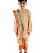 Boys Rose Gold Cotton Blend Kurta Dhoti And Dupatta