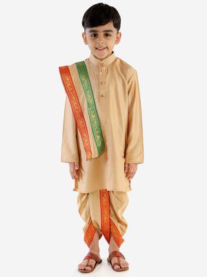 Boys Rose Gold Cotton Blend Kurta Dhoti And Dupatta 2