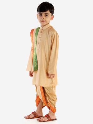 Boys Rose Gold Cotton Blend Kurta Dhoti And Dupatta 3