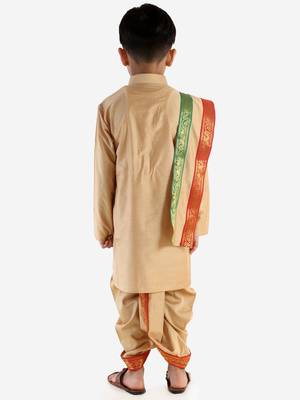 Boys Rose Gold Cotton Blend Kurta Dhoti And Dupatta 4