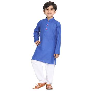 Boys Dark Blue Cotton Blend Kurta Pyjama Set 1