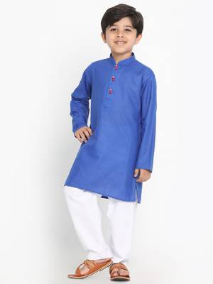 Boys Dark Blue Cotton Blend Kurta Pyjama Set 2