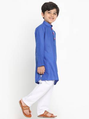 Boys Dark Blue Cotton Blend Kurta Pyjama Set 3