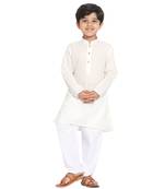 Boys Off White Cotton Blend Kurta Pyjama Set