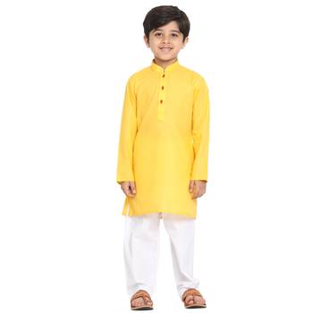 Boys Yellow Cotton Blend Kurta Pyjama Set 1