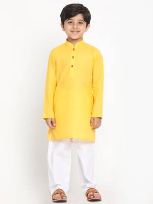 Boys Yellow Cotton Blend Kurta Pyjama Set 2