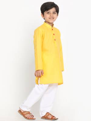 Boys Yellow Cotton Blend Kurta Pyjama Set 3