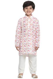 Boys Multicolor-Base-White Cotton Blend Kurta Pyjama Set