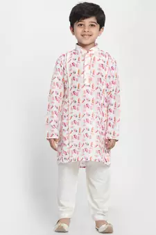  Multicolor-Base-White Cotton Blend Kurta Pyjama Set