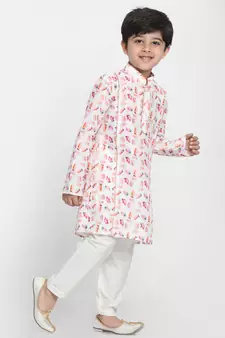  Multicolor-Base-White Cotton Blend Kurta Pyjama Set