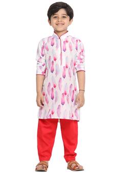 Boys Multicolor-Base-White Cotton Blend Kurta Pyjama Set