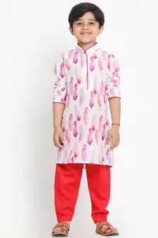  Multicolor-Base-White Cotton Blend Kurta Pyjama Set