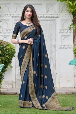 navy blue woven banarasi silk saree with blouse 1