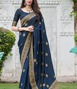 navy blue woven banarasi silk saree with blouse