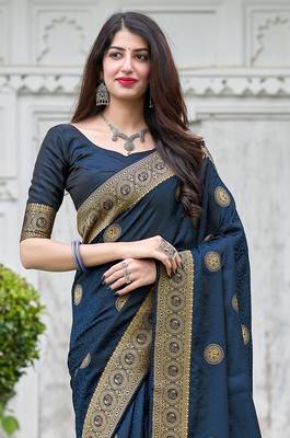 navy blue woven banarasi silk saree with blouse 2