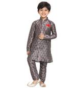 Boys Multicolor-Base-Grey Silk Blend Kurta Pyjama Set