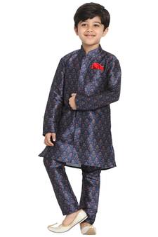Boys Multicolor-Base-Blue Silk Blend Kurta Pyjama Set