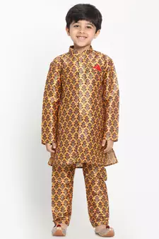  Multicolor-Base-Yellow Silk Blend Kurta Pyjama Set