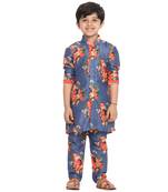 Boys Multicolor-Base-Blue Cotton Blend Kurta Pyjama Set