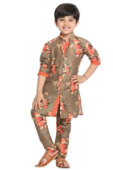 Boys Multicolor-Base-Brown Cotton Blend Kurta Pyjama Set