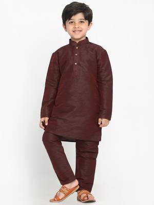 Boys Wine Cotton Silk Blend Kurta Pyjama Set 2