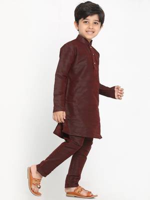 Boys Wine Cotton Silk Blend Kurta Pyjama Set 3