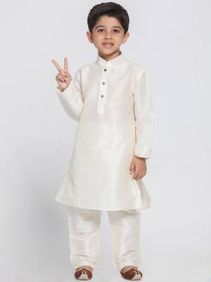 Boys Cream Silk Blend Kurta Pyjama Set 2