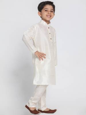 Boys Cream Silk Blend Kurta Pyjama Set 3