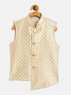 Beige woven silk blend boys-nehru-jacket 1