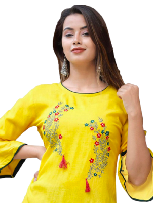 Yellow Green Kurti Sharara Set In Rayon Gotaless Gold Printed Work  1