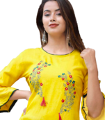 Yellow Green Kurti Sharara Set In Rayon Gotaless Gold Printed Work 