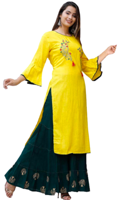 Yellow Green Kurti Sharara Set In Rayon Gotaless Gold Printed Work  2