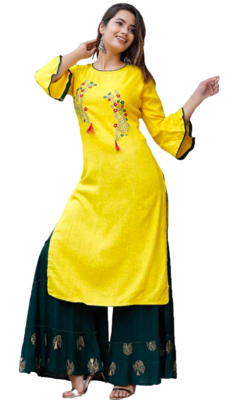 Yellow Green Kurti Sharara Set In Rayon Gotaless Gold Printed Work  3