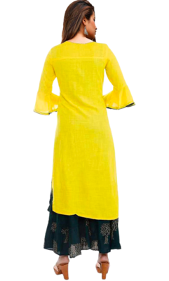 Yellow Green Kurti Sharara Set In Rayon Gotaless Gold Printed Work  4