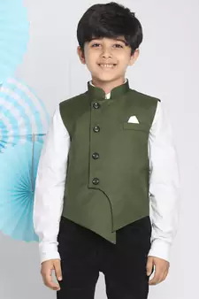  Dark Green Cotton Blend Nehru Jacket