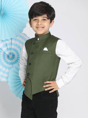  Dark Green Cotton Blend Nehru Jacket 3