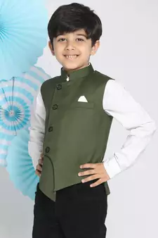  Dark Green Cotton Blend Nehru Jacket