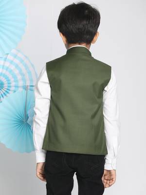  Dark Green Cotton Blend Nehru Jacket 4