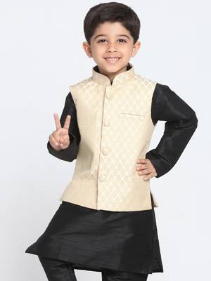 Silk Blend Woven Beige Nehru Jacket for Kid 2