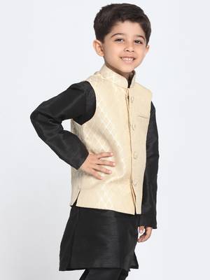 Silk Blend Woven Beige Nehru Jacket for Kid 3