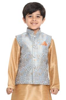 Grey woven silk blend boys-kurta-pyjama