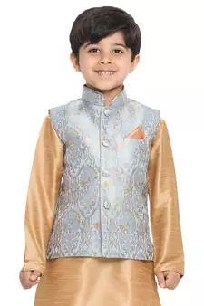 Grey woven silk blend boys-kurta-pyjama