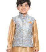 Grey woven silk blend boys-kurta-pyjama