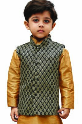 Boys Black And Gold Silk Blend Nehru Jacket 1