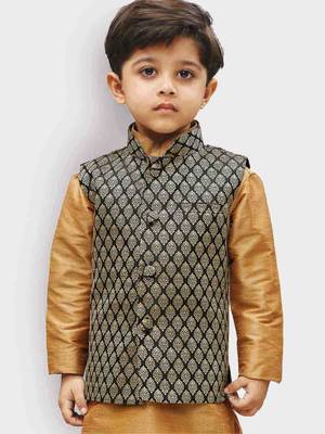 Boys Black And Gold Silk Blend Nehru Jacket 2